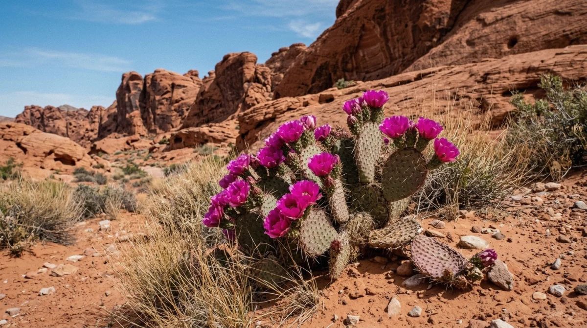 Clear spring morning over red sandstone formations, the best time to visit Valley of Fire State Park, Nevada