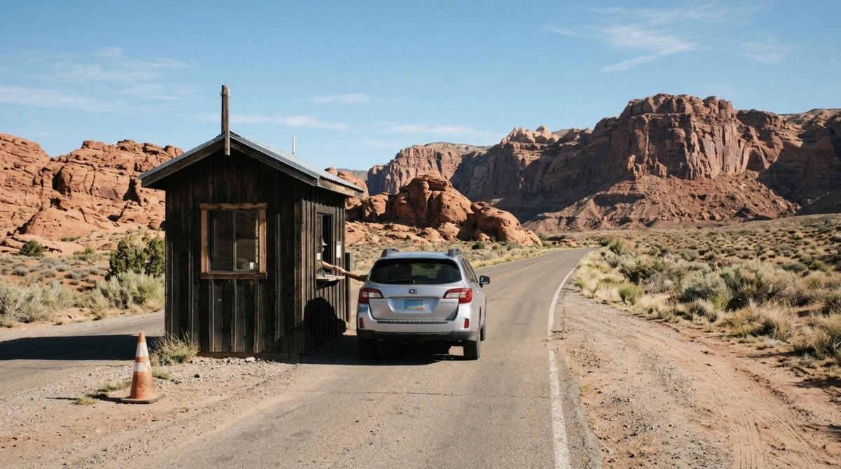 Entrance sign and fee booth at the west gate, where the Valley of Fire entrance fee is paid, Nevada