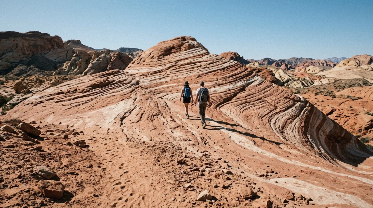 Hikers on a sandstone trail between red rock walls on one of the Valley of Fire hikes, Nevada
