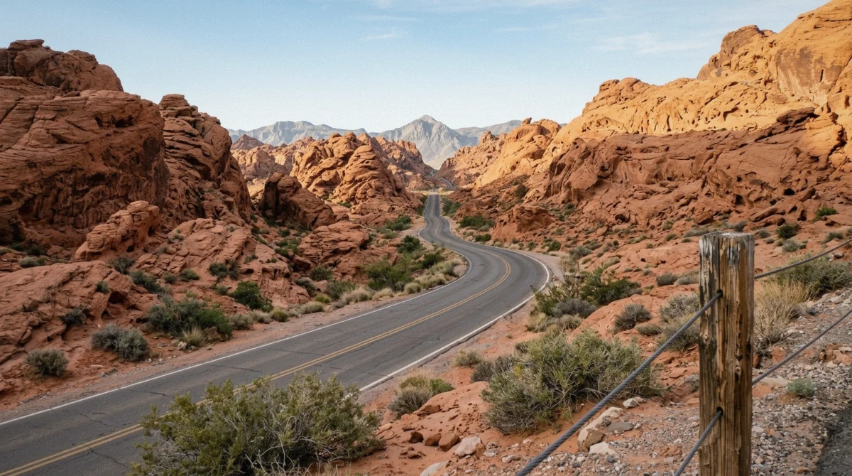 Aerial view of the scenic road curving between red sandstone formations, the layout shown on this Valley of Fire map, Nevada