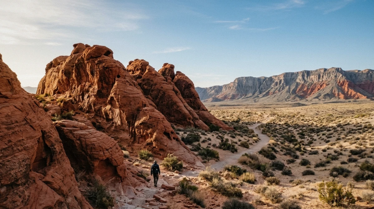 Deep red Aztec sandstone formations at Valley of Fire, the park compared with Red Rock Canyon near Las Vegas, Nevada