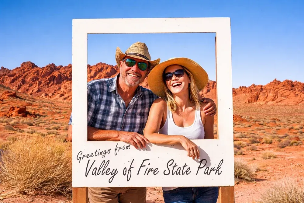 Two visitors at the Valley of Fire State Park photo frame with red rock formations behind, Nevada