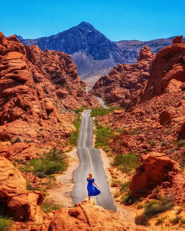 Empty park road curving between red sandstone walls in Valley of Fire State Park on a tour from Las Vegas, Nevada
