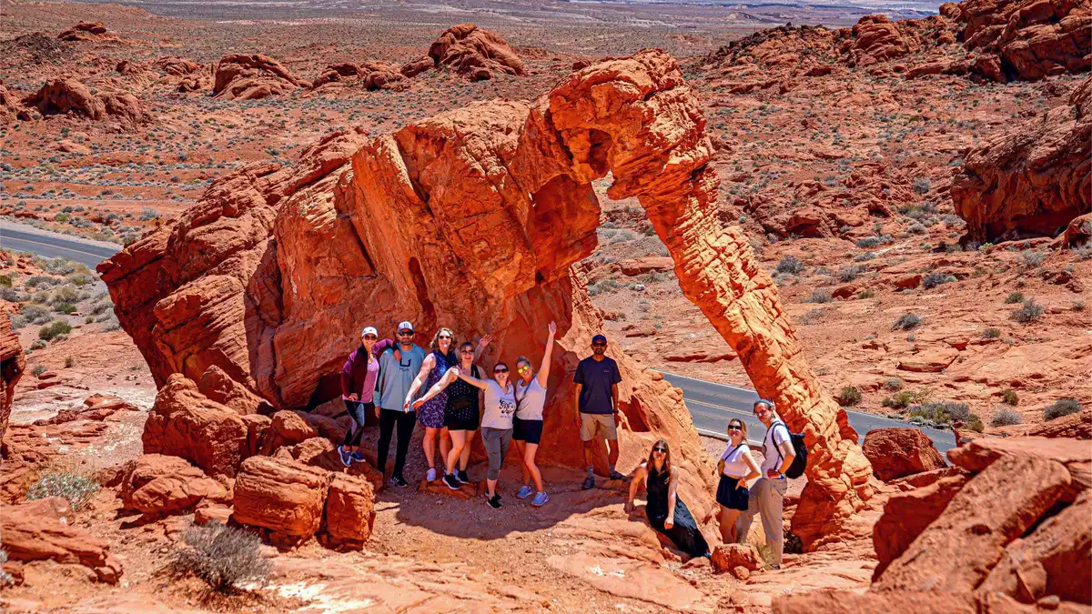 Striped red and white sandstone of the Fire Wave, the turnaround point on the six-hour Valley of Fire tour from Las Vegas, Nevada
